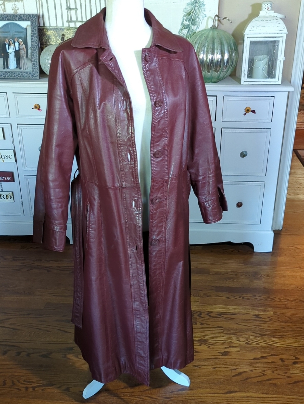 Vtg 70s Suburban Heritage Burgundy oxblood Leather Chic Trench Coat Tie Belt - Picture 8 of 14